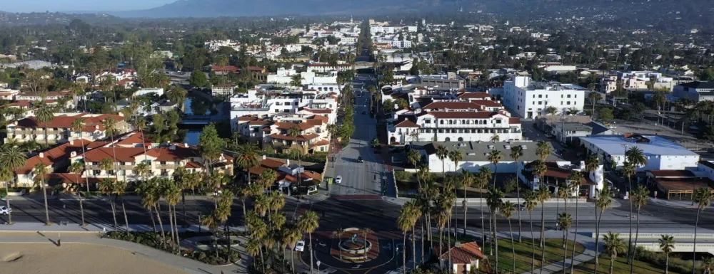 Downtown Santa Barbara aerial view looking up State from waterfront.