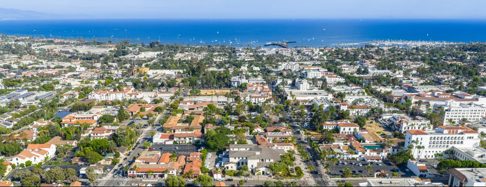 downtown santa barbara arial view panning from downtown towards the waterfront and showing the ocean
