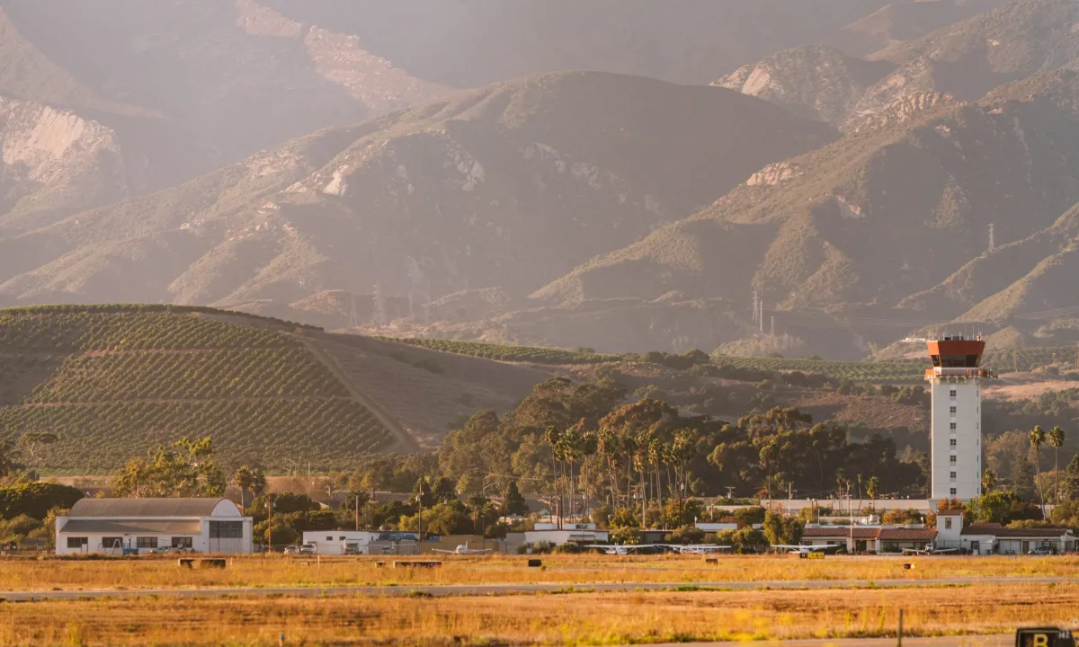 Landscape of Santa Barbara hills with air traffic control tower in foreground