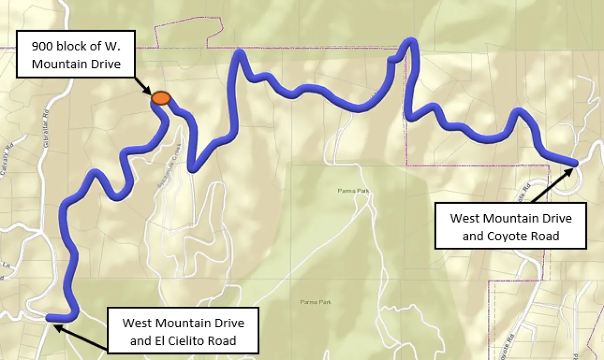 Image of a map indicating west mountain drive and a pinpoint on where the road is damaged