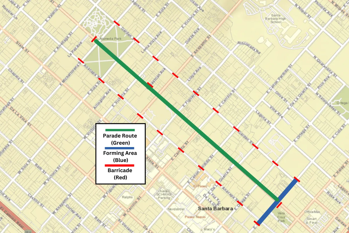 Parade Route and Road Closure Map:  Parade Route (Green) - Santa Barbara Street starting at Cota Street and ending at Micheltorena Street at Alameda Park, Forming Area (Blue), Barricade (Red).