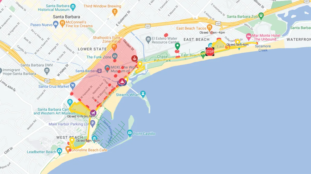  The "Friday, August 2 Exception from Timed Street Parking Map" indicates the exception from timed parking in the area shaded in red with a perimeter to the north of Cabrillo Boulevard, east of Castillo Street, south of the U.S. Highway 101 and west of Garden Street.