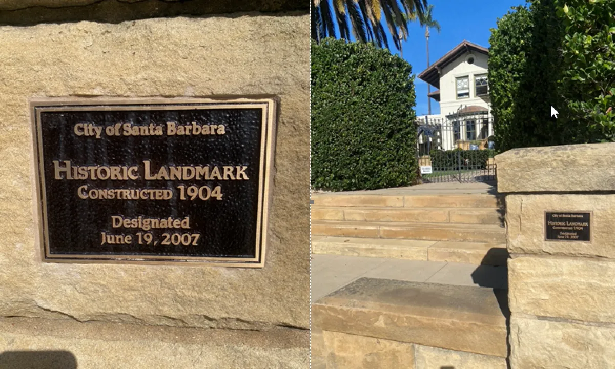 Plaque at 1732 Santa Barbara Street. Placement shown on Sandstone walkway.