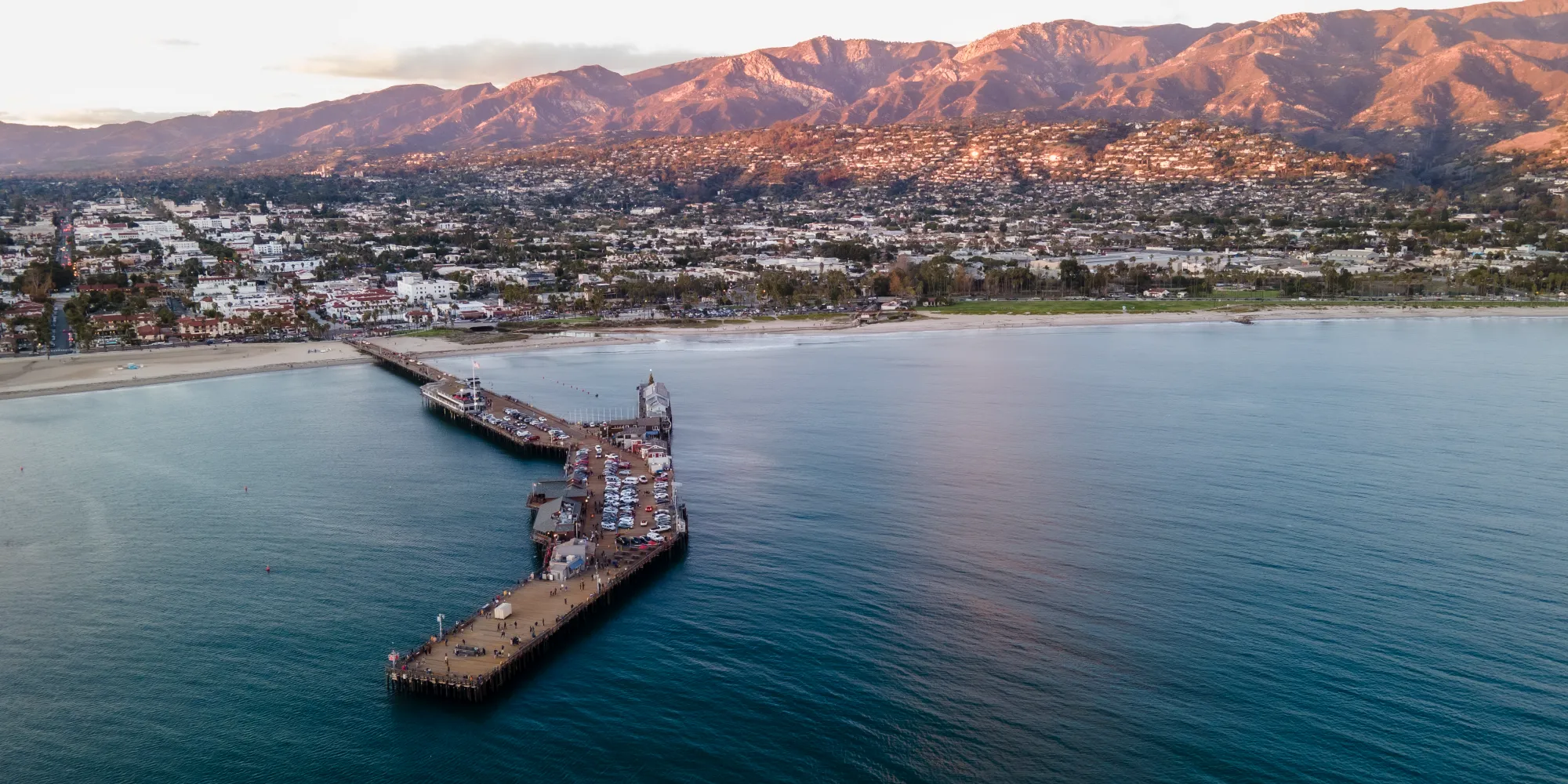 aerial view of santa barbara looking north from the sky above sterns wharf