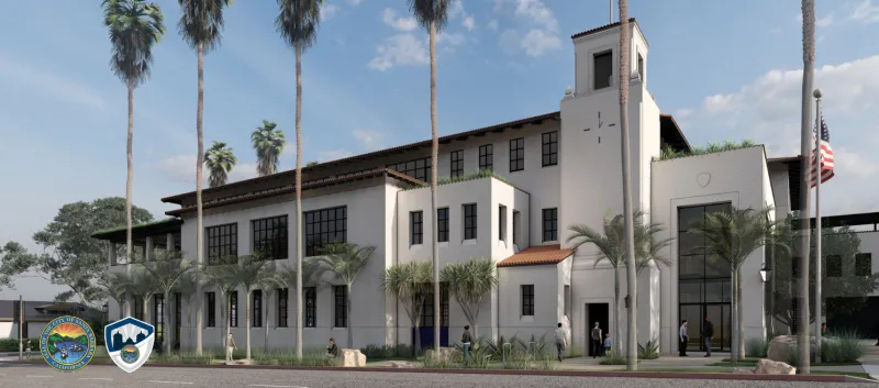 Santa Barbara Police Station Project Rendering with Seal of the City of Santa Barbara and SBPD