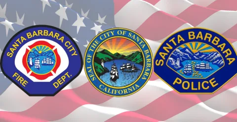 Image shows an American flag with the seals for the City, City Fire and Police