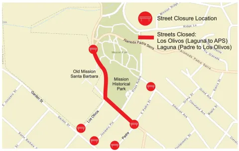 La Fiesta Pequeña Street Closure Map: 6:00 p.m. – Street closures will begin in the area surrounding the Old Mission Santa Barbara. 6:30 p.m. to 10:00 p.m. – Los Olivos Street will be closed between Laguna Street and Alameda Padre Serra. Laguna Street will be closed between Padre Street and Los Olivos Street. 10:00 p.m. – Roads will begin to reopen.