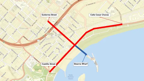 Map: Cabrillo Boulevard (from Castillo Street to Calle Cesar Chavez) Closed to vehicle traffic at 6:00 p.m. State Street (from Gutierrez Street to Cabrillo Boulevard) Closed to vehicle traffic at 6:00 p.m. Stearns Wharf Closed to vehicle traffic at 3:30 p.m.