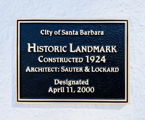 City Hall Historic Landmark Plaque. City of Santa Barbara Historic Landmark. Constructed 1924, Architect: Sauter and Lockard. Designated April 11, 2000.