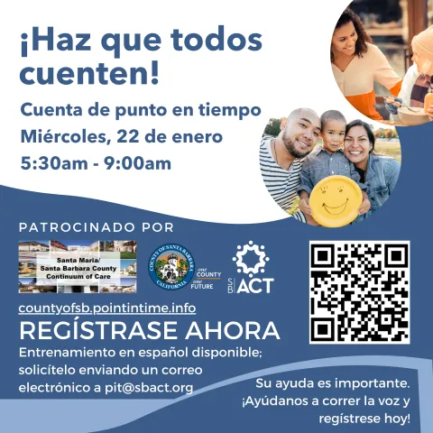 ¡Haz que todos cuenten! Cuenta de punto en tiempo, miércoles 22 de enero, de 5:30 a. m. a 9:00 a. m. Regístrese ahora: entrenamiento en español disponible; solicítelo enviando un correo electrónico a pit@sbact.org.