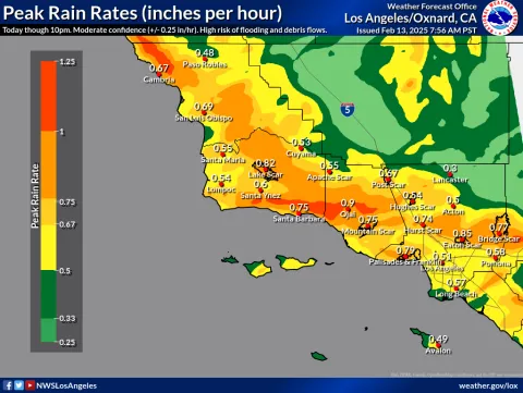 Peak Rain Rate Feb 13 map updated at 10 am.