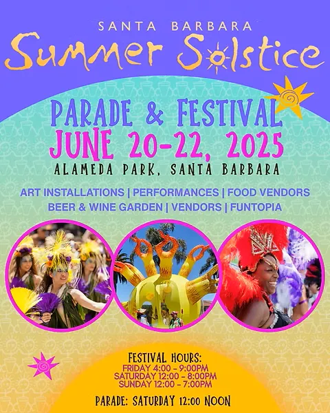 Solstice 2025 Poster. FESTIVAL June 20 - 22, 2025 Alameda Park FRIDAY: 4:00 - 9:00PM SATURDAY: 12:00 - 8:00PM SUNDAY: 12:00 - 7:00PM