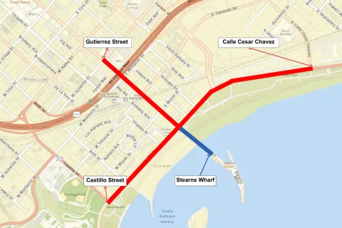 July 4 Road Closures     Cabrillo Boulevard (from Castillo Street to Calle Cesar Chavez)Closed to vehicle traffic at 6:00 p.m.  State Street (from Gutierrez Street to Cabrillo Boulevard)  Closed to vehicle traffic at 6:00 p.m.  Stearns Wharf Closed to vehicle traffic at 3:30 p.m.