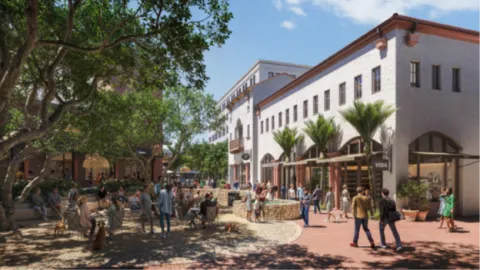 Rendering of Paseo Nuevo Redevelopment, view of Central Plaza Space in Mall