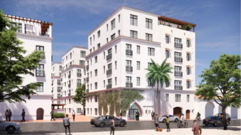 Paseo Nuevo Rendering. View of Income Restricted Housing at Lot 2 Garage on Chapala.