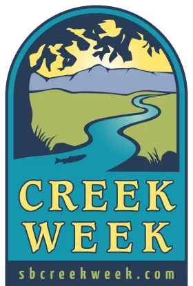 Creek Week logo with illustration of a fish swimming upstream toward foothills. Text includes "Celebrate Creek Week! September 17 - 24, 2022. (Facebook icon) SBCreekWeek, SBCreekWeek.com, Santa Barbara Goleta, UCSB, Carpinteria."