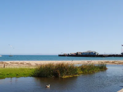 Mission Creek at East Beach with Stearns Wharf