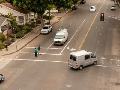 Milpas Intersection, pedestrians in crosswalk as vehicles share the intersection.