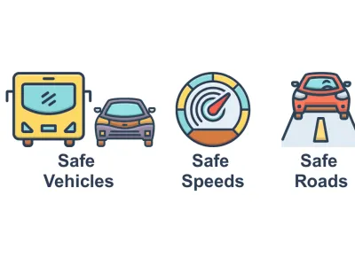5 icons demonstrating Safe System Elements. Icons are captioned as: Safe Road Users (Person crossing crosswalk), Safe Vehicles (Bus and car), Safe Speeds (Car speedometer), Safe Roads (Car on a road), Post-Crash Care (First aid kit)